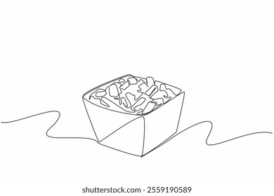 Single continuous line drawing french fries with cheese sauce in paper box. How restaurants serve takeaway. Easy to take home. Tasty. National Cheddar Fries Day. One line design vector illustration