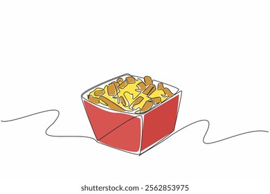 Single continuous line drawing french fries with cheese sauce in paper box. How restaurants serve takeaway. Easy to take home. Tasty. National Cheddar Fries Day. One line design vector illustration