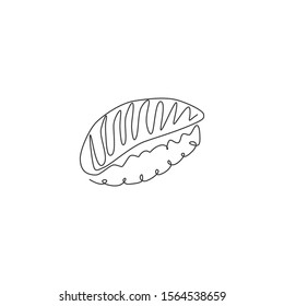 Single continuous line drawing of fresh stylized sushi bar logo label. Emblem fresh nigiri seafood restaurant concept. Modern one line draw design vector illustration for shop or food delivery service