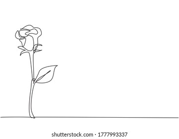 Single continuous line drawing of fresh romantic beautiful rose flower. Greeting card, invitation, logo, banner, poster concept. Modern one line draw graphic design vector illustration
