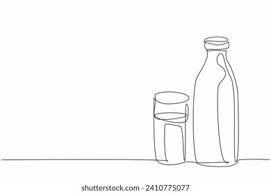 Single continuous line drawing of fresh cow milk inside bottle and glass. Healthy organic milk concept. Drink milk every day campaign. National Milk Day. One line draw vector graphic design art