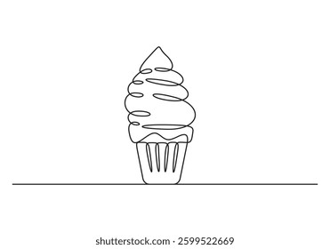 Single continuous line drawing of fresh sweet muffin cake online shop logo vector illustration