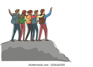 Una línea continua dibujando un grupo de amigos de excursionistas abrazándose juntos para llegar con éxito a la cima de la montaña. Éxito, logro y concepto de objetivos. ilustración vectorial de diseño gráfico de una línea