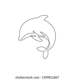 Single continuous line drawing of friendly cute dolphin for underwater life aquarium logo identity. Wild sea mammal animal concept for circus mascot. One line draw graphic vector design illustration