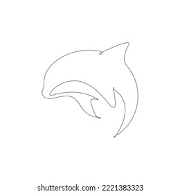 Single continuous line drawing of friendly cute dolphin for underwater life aquarium logo identity. Wild sea mammal animal concept for circus mascot. One line draw vector design graphic illustration