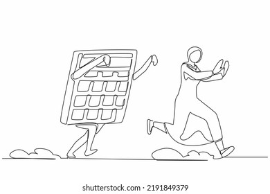 Single continuous line drawing fright Arabian businesswoman being chased by calculator. Female employee difficult in calculations of business project. One line draw graphic design vector illustration