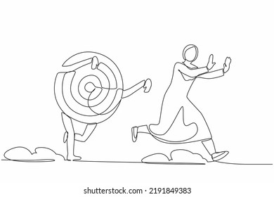 Single Continuous Line Drawing Fright Arabian Businesswoman Being Chased By Archery Bullseye Target. Female Manager Losing Idea In Business Goals Or Target. One Line Graphic Design Vector Illustration