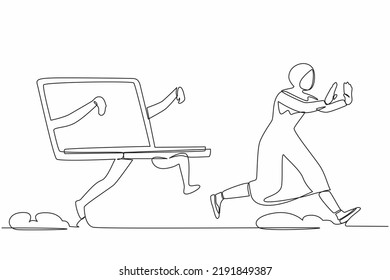 Single continuous line drawing fright Arab business woman being chased by laptop. Female employee in deadlines of project tasks. Minimalism metaphor concept. One line draw design vector illustration