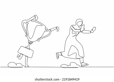 Single continuous line drawing fright Arab businesswoman being chased by trophy. Female manager confused with business goals for winning competition. One line draw graphic design vector illustration