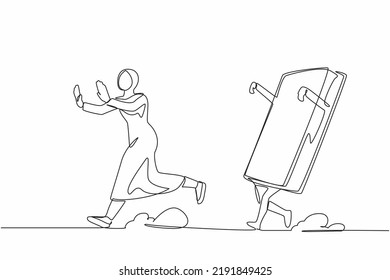 Single continuous line drawing fright Arab businesswoman being chased by book. Smart employee hurry in higher education to pursue career growth at office. One line graphic design vector illustration