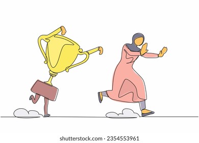 Single continuous line drawing fright Arab businesswoman being chased by trophy. Female manager confused with business goals for winning competition. One line draw graphic design vector illustration