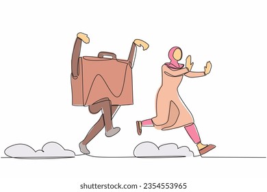 Single continuous line drawing fright Arabian businesswoman being chased by briefcase. Female employee afraid with evaluation of project performance. One line draw graphic design vector illustration