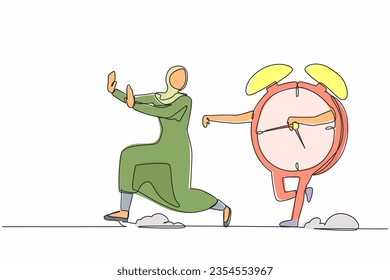 Single continuous line drawing fright Arab businesswoman being chased by alarm clock. Female manager hurry in deadline project. Running out of working time. One line graphic design vector illustration