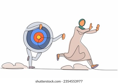 Single continuous line drawing fright Arabian businesswoman being chased by archery bullseye target. Female manager losing idea in business goals or target. One line graphic design vector illustration