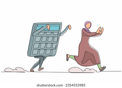 Single continuous line drawing fright Arabian businesswoman being chased by calculator. Female employee difficult in calculations of business project. One line draw graphic design vector illustration