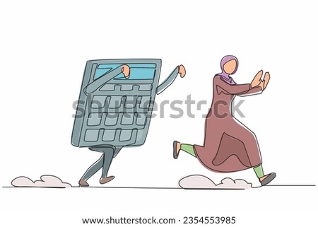 Single continuous line drawing fright Arabian businesswoman being chased by calculator. Female employee difficult in calculations of business project. One line draw graphic design vector illustration