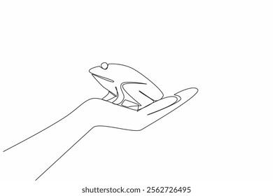 Single continuous line drawing frog on open palm. Released into their natural habitat to live in the wild. Balance of nature. Environmental. Save The Frogs Day. One line design vector illustration