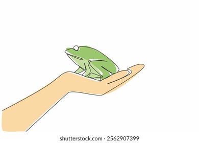 Single continuous line drawing frog on open palm. Released into their natural habitat to live in the wild. Balance of nature. Environmental. Save The Frogs Day. One line design vector illustration