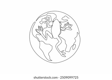 Single continuous line drawing frogs climbing the globe. Animal metaphors rule the world. Quite high animal population. Amphibians. Funny character. World Frog Day. One line design vector illustration