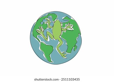 Single continuous line drawing frogs climbing the globe. Animal metaphors rule the world. Quite high animal population. Amphibians. Funny character. World Frog Day. One line design vector illustration