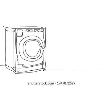 Single continuous line drawing of front door washing machine household utensil. Electronic home appliance concept. Modern one line draw design graphic vector illustration