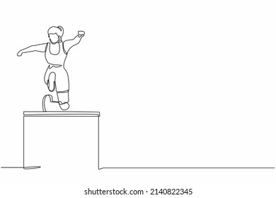 Single continuous line drawing front view amputated female athlete jumping, running over hurdle. Disability game with hurdle race. Disabled sport concept. One line graphic design vector illustration