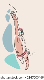 Single continuous line drawing of front crawl freestyle professional swimmer man focus training in gym swimming pool center. Trendy one line art draw design graphic vector illustration