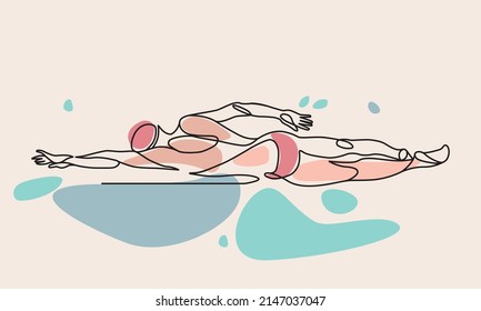 Single continuous line drawing of front crawl freestyle professional swimmer man focus training in gym swimming pool center. Trendy one line art draw design graphic vector illustration