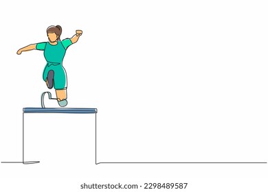 Single continuous line drawing front view amputated female athlete jumping, running over hurdle. Disability game with hurdle race. Disabled sport concept. One line graphic design vector illustration