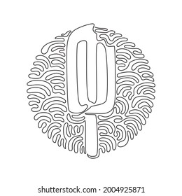 Einmaliges, durchlaufendes Zeichnen von gefrorenem Popsikel wurde gebissen. Eis auf Stock zum Nachtisch. kalter Sommersnack. Schwirl-Kreis-Hintergrund-Stil. Grafikdesign mit einer Linie, Vektorgrafik
