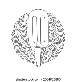 Single continuous line drawing frozen popsicle on stick. Tasty ice cream for dessert. Cold summer snack. Swirl curl circle background style. Dynamic one line draw graphic design vector illustration