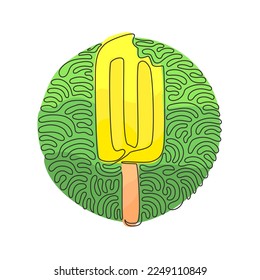 Single continuous line drawing frozen popsicle have been bitten. Ice cream on stick for dessert. Cold summer snack. Swirl curl circle background style. One line draw graphic design vector illustration