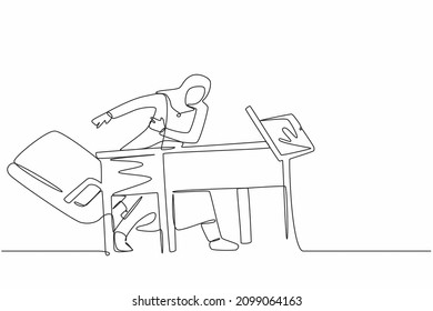 Single continuous line drawing frustrated and furious young Arabian businesswoman is angry and throwing laptop. Bad workplace emotions. Stress at work. One line draw graphic design vector illustration