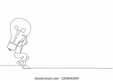 Single continuous line drawing frustrated businesswoman carrying light bulb on her back. No idea or vision after business failure, burnout or exhausted from crisis. One line design vector illustration
