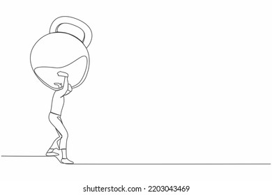 Single continuous line drawing frustrated businesswoman carrying kettlebell on her back. Financial crisis and credit payment. Mental stress, bankruptcy, debt. One line draw design vector illustration