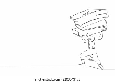 Single continuous line drawing frustrated businesswoman carrying pile of paper folder on her back. Tired worker with amount of work. Worker swamped with paperwork. One line design vector illustration