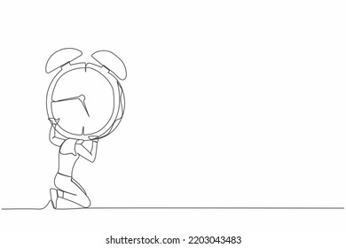 Single continuous line drawing frustrated businesswoman carrying heavy alarm clock on her back. Stressed employee with work pressure or business goal project. One line draw design vector illustration