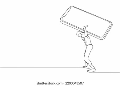 Single continuous line drawing of frustrated businesswoman carrying smartphone on her back. Depression, fatigue, mental stress due to overworked at office. One line graphic design vector illustration
