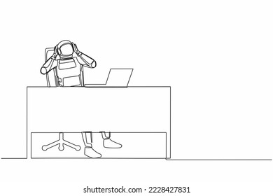 Single continuous line drawing frustrated young astronaut sitting with laptop and holding head at working desk. Space explore failure. Cosmonaut deep space. One line graphic design vector illustration