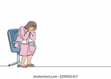 Single continuous line drawing frustrated businesswoman holding her head sitting alone on the chair. Regret on business mistake, frustration, depressed, stupidity, foolish. One line draw design vector