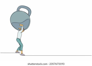Einzelne durchgehende Linie zeichnen frustrierte Geschäftsfrau mit Kettlebell auf ihrem Rücken. Finanzkrise und Kreditzahlung. Psychischer Stress, Konkurs, Schulden. Ein zeilentaugliches Zeichendesign, Vektorgrafik