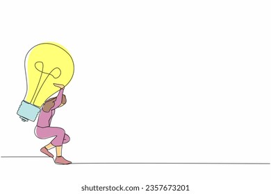 Single continuous line drawing frustrated businesswoman carrying light bulb on her back. No idea or vision after business failure, burnout or exhausted from crisis. One line design vector illustration