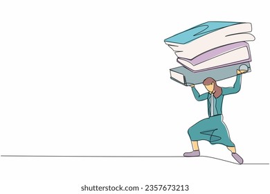 Single continuous line drawing frustrated businesswoman carrying pile of paper folder on her back. Tired worker with amount of work. Worker swamped with paperwork. One line design vector illustration