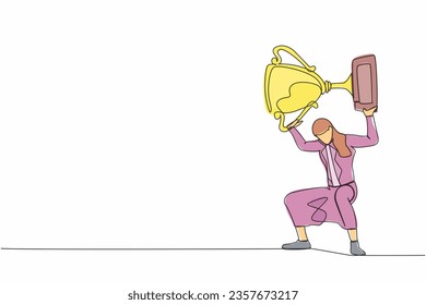 Single continuous line drawing frustrated businesswoman carrying trophy on her back. Female worker failed achieve goals. Delayed career path at office. One line draw graphic design vector illustration