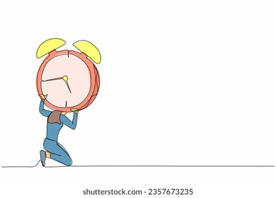 Una única línea contínua dibujando a una frustrada mujer de negocios con un fuerte despertador en la espalda. Empleado enfatizado con presión laboral o proyecto de objetivo comercial. Ilustración vectorial de diseño de líneas de una línea