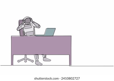 Single continuous line drawing frustrated young astronaut sitting with laptop and holding head at working desk. Space explore failure. Cosmonaut deep space. One line graphic design vector illustration