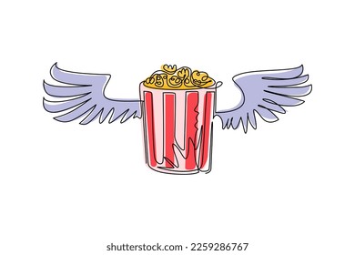 Single continuous line drawing full popcorn bucket with wings logo. Flyer, invitation, ticket, banner, poster, web page, label, design element or icon. One line draw graphic design vector illustration