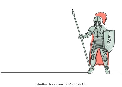 Einzelne durchgehende Linie, die Vollkörperpanzeranzug zeichnet, mittelalterlicher Rittercharakter mit Schild und Speer einzeln auf weißem Hintergrund. Dynamische Einzeilengrafik-Grafik, Vektorgrafik