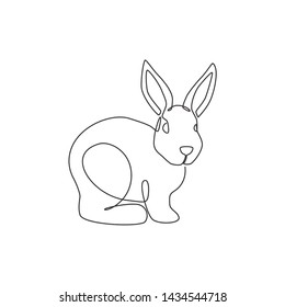 Single continuous line drawing of funny rabbit for pet shop logo identity. Cute bunny animal mascot concept for kids toy shop icon. Dynamic one line draw graphic design vector illustration