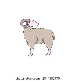 Single continuous line drawing of funny cute sheep for business logo identity. Lamb mascot symbol concept for ranch icon. Trendy one line draw design vector graphic illustration